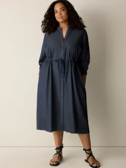 Airy Organic Cotton Twill Band Collar Shirtdress