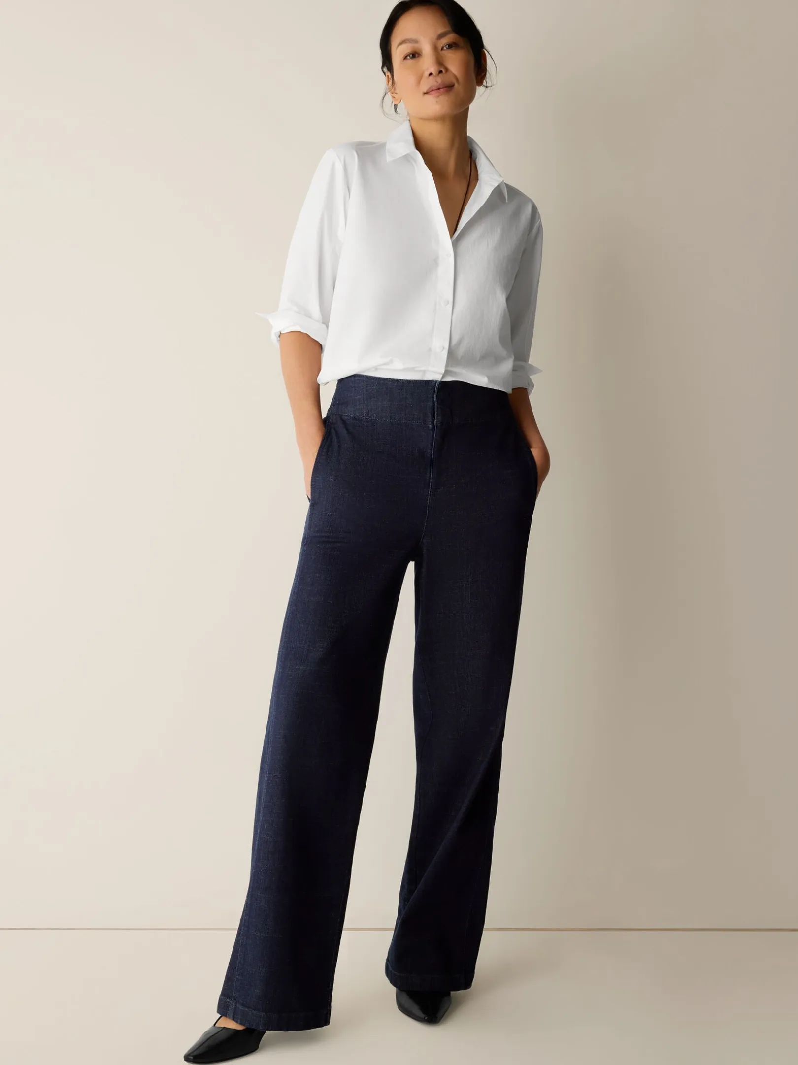 Cotton Stretch Denim Wide-Leg Trouser
