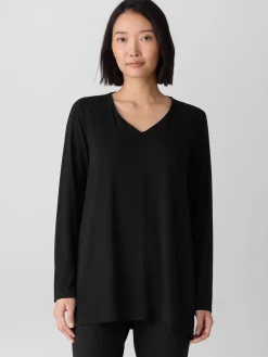 Fine Stretch Jersey Knit V-Neck Long Top