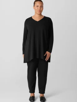Fine Stretch Jersey Knit V-Neck Long Top