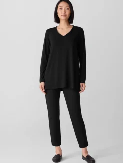 Fine Stretch Jersey Knit V-Neck Long Top