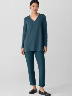 Fine Stretch Jersey Knit V-Neck Long Top