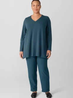 Fine Stretch Jersey Knit V-Neck Long Top