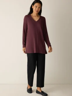 Fine Stretch Jersey Knit V-Neck Long Top