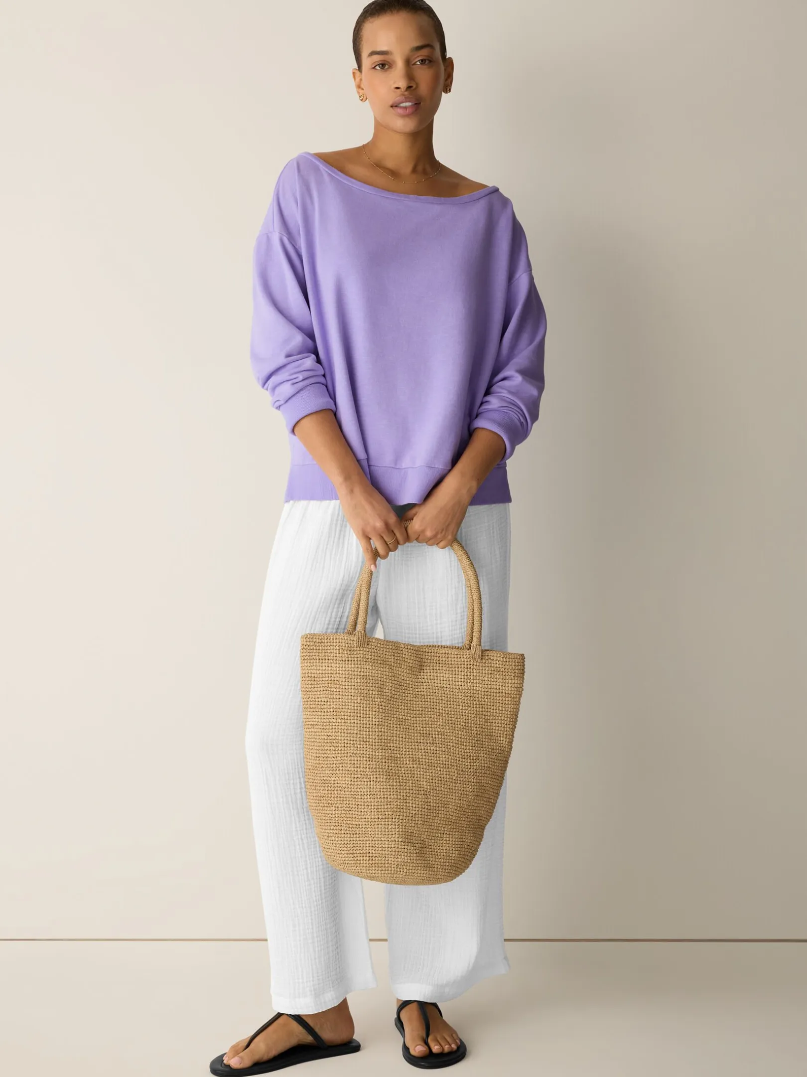 Garment-Dyed Organic Cotton Terry Bateau Neck Top