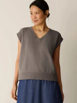 Garment-Dyed Organic Cotton Terry V-Neck Top