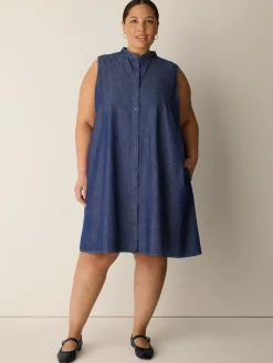 Lightweight Organic Cotton Denim Band Collar Dress