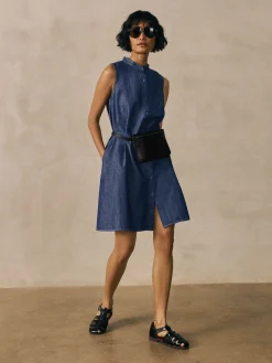 Lightweight Organic Cotton Denim Band Collar Dress