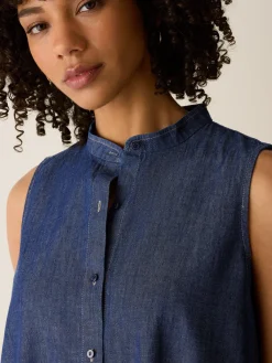 Lightweight Organic Cotton Denim Band Collar Dress