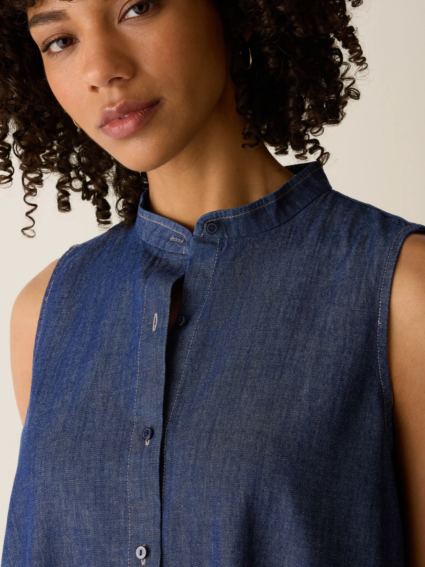 Lightweight Organic Cotton Denim Band Collar Dress