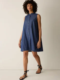 Lightweight Organic Cotton Denim Band Collar Dress