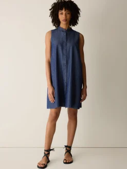 Lightweight Organic Cotton Denim Band Collar Dress