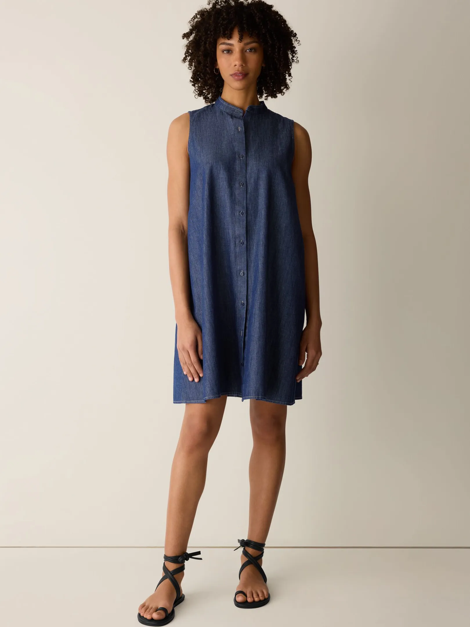 Lightweight Organic Cotton Denim Band Collar Dress