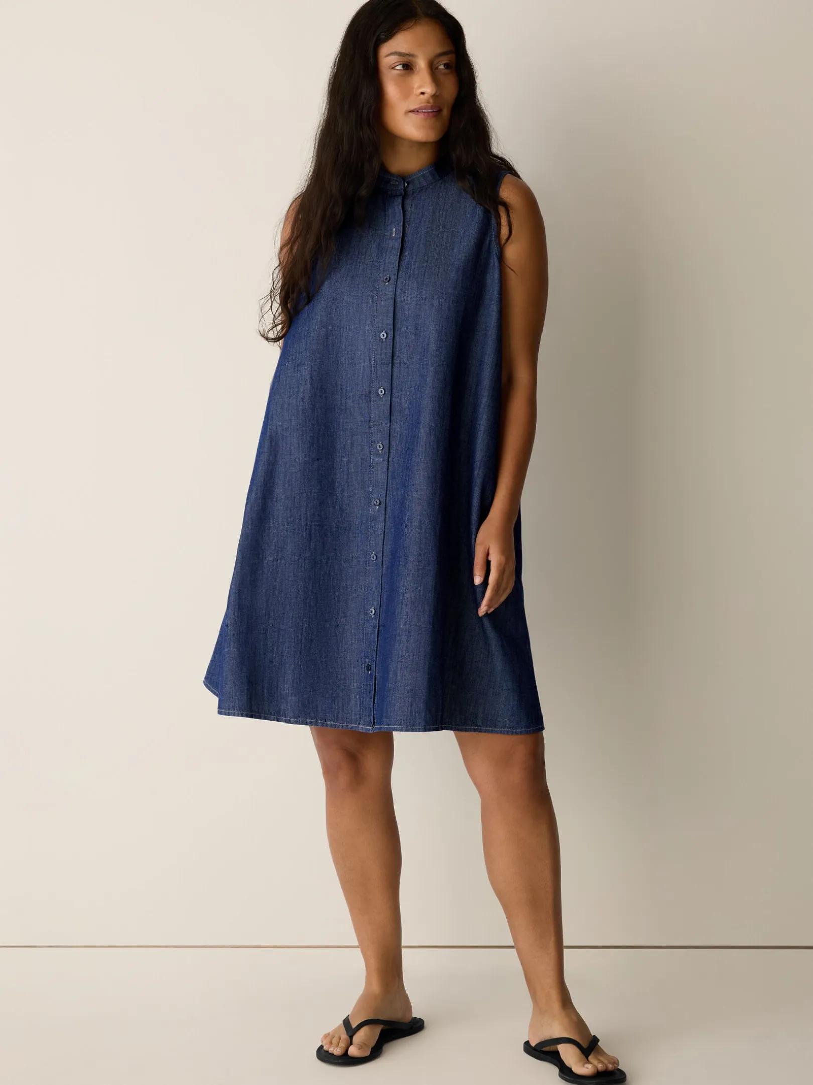 Lightweight Organic Cotton Denim Band Collar Dress