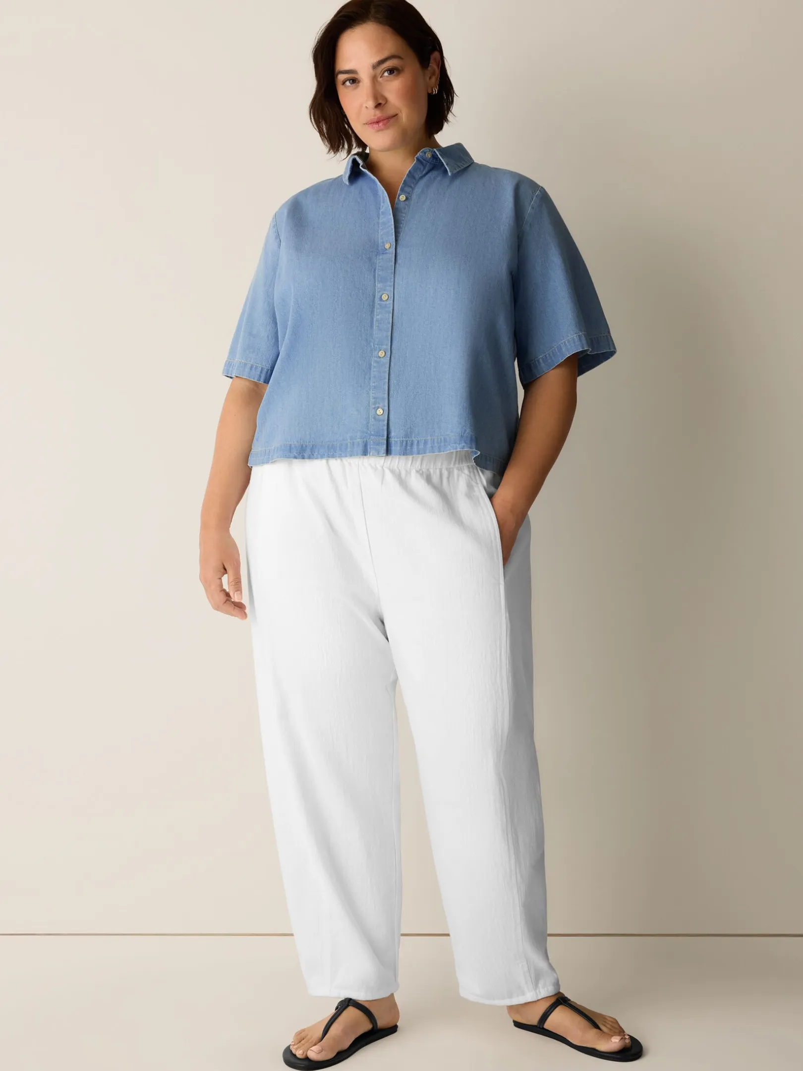 Lightweight Organic Cotton Denim Elbow-Sleeve Shirt