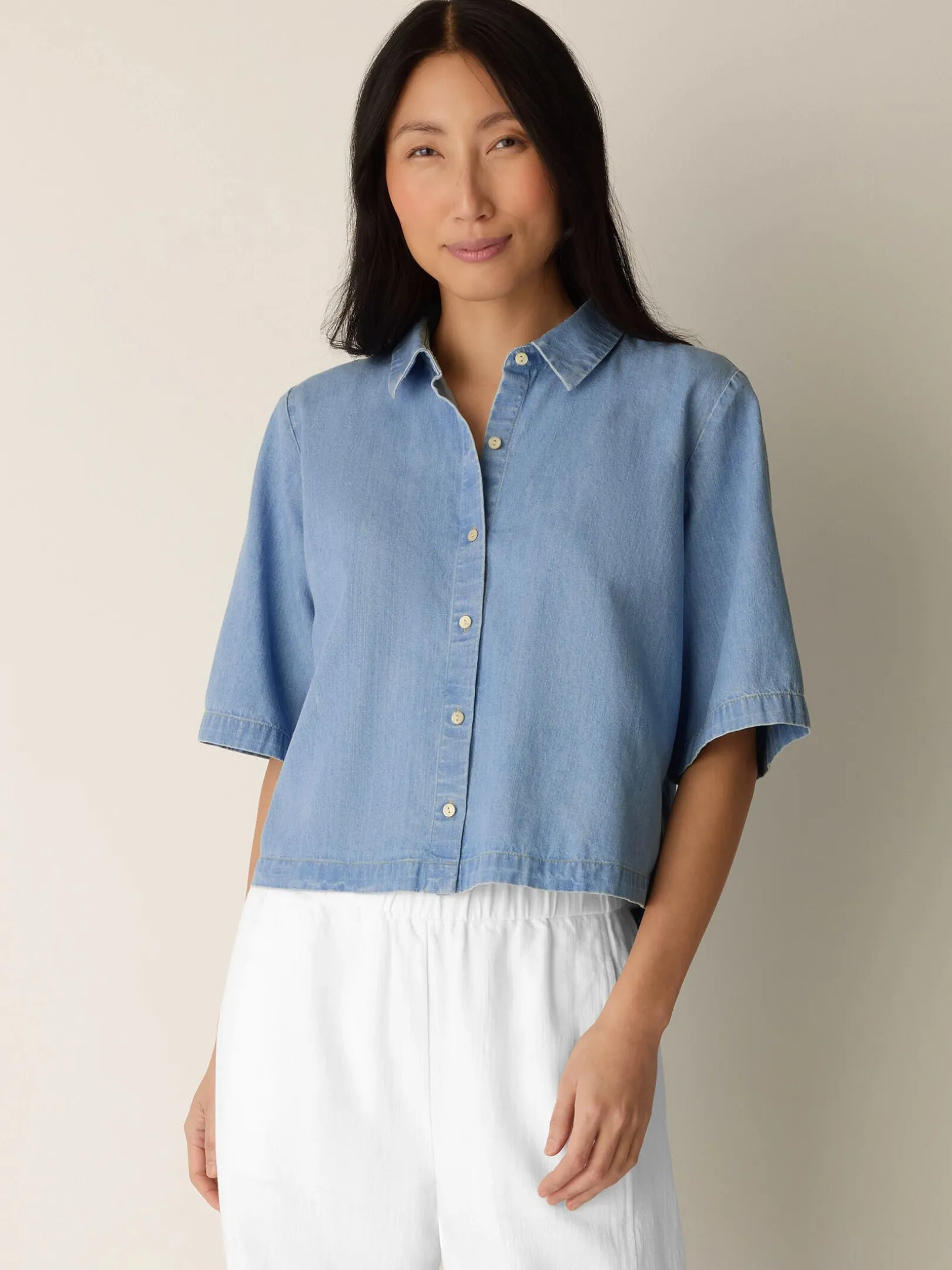 Lightweight Organic Cotton Denim Elbow-Sleeve Shirt