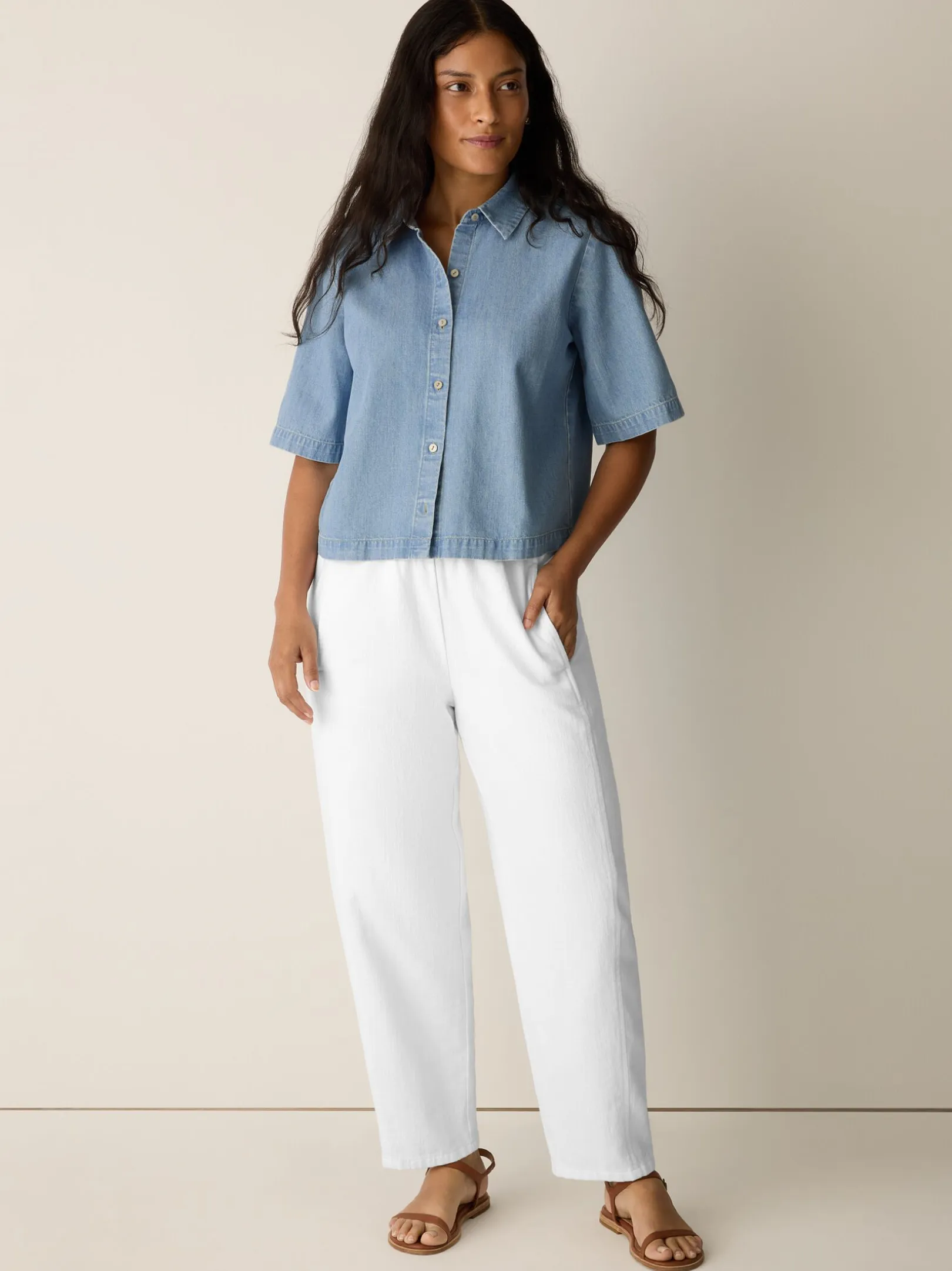 Lightweight Organic Cotton Denim Elbow-Sleeve Shirt