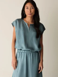 Lightweight Satin Shimmer Split Neck Top