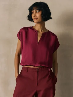 Lightweight Satin Shimmer Split Neck Top