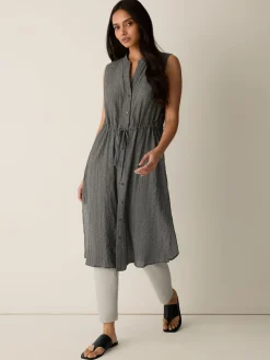 Organic Cotton Microstripe Pucker Band Collar Shirt