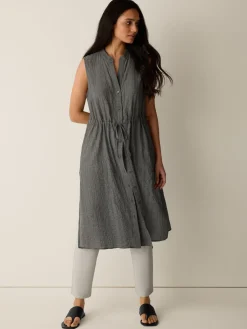 Organic Cotton Microstripe Pucker Band Collar Shirt
