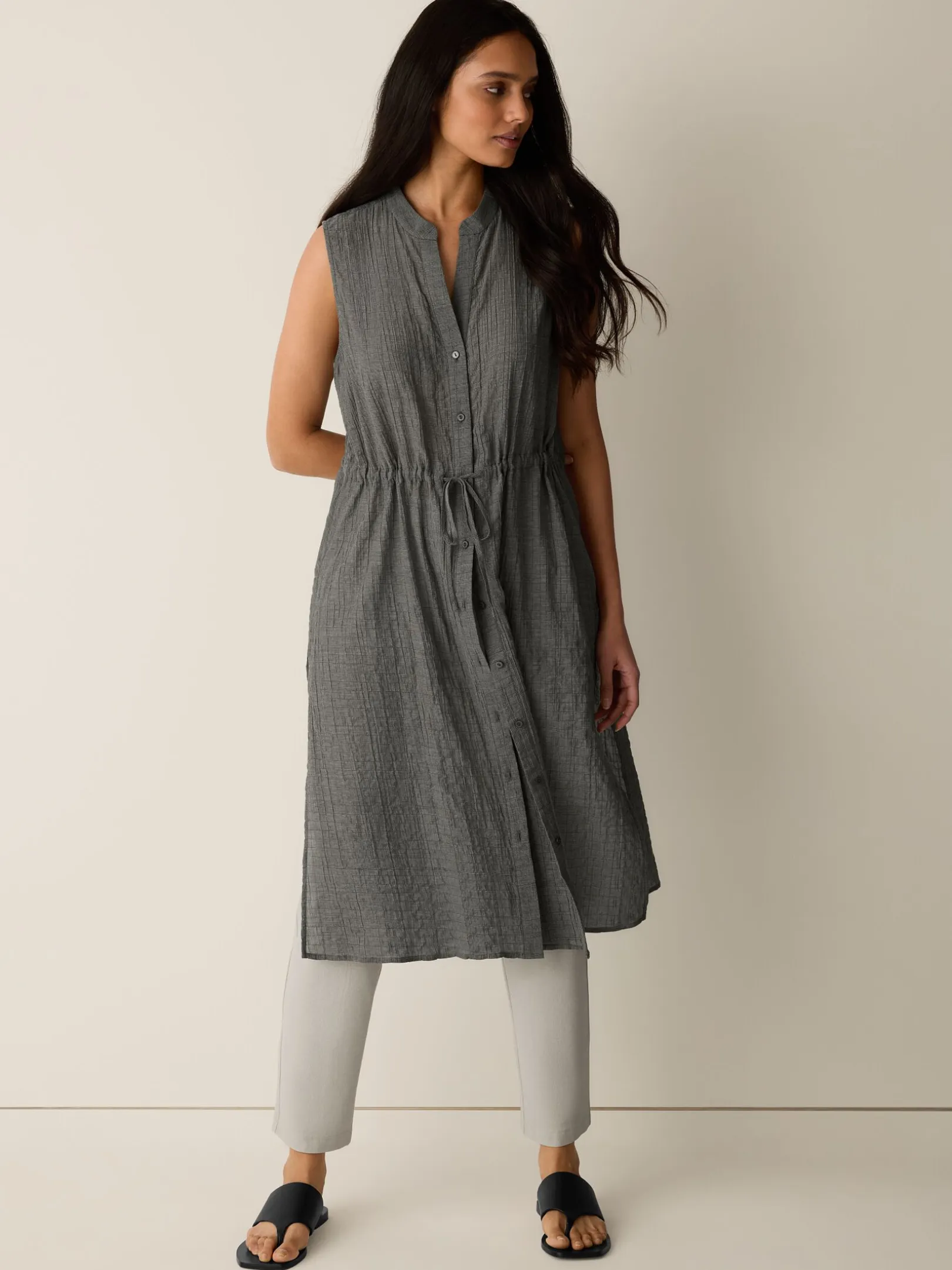 Organic Cotton Microstripe Pucker Band Collar Shirt