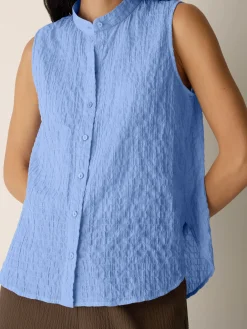 Organic Cotton Microstripe Pucker Sleeveless Shirt