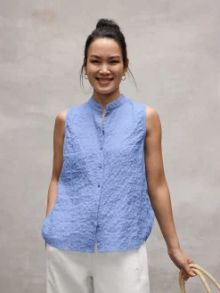 Organic Cotton Microstripe Pucker Sleeveless Shirt