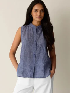 Organic Cotton Microstripe Pucker Sleeveless Shirt