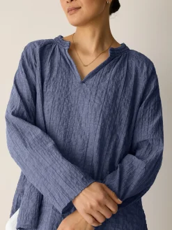 Organic Cotton Microstripe Pucker Split Collar Top