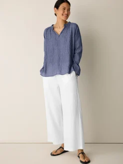 Organic Cotton Microstripe Pucker Split Collar Top