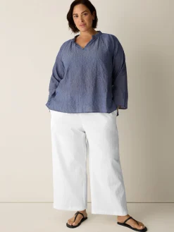 Organic Cotton Microstripe Pucker Split Collar Top