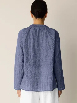 Organic Cotton Microstripe Pucker Split Collar Top