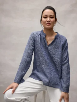 Organic Cotton Microstripe Pucker Split Collar Top