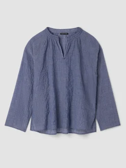 Organic Cotton Microstripe Pucker Split Collar Top