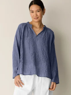 Organic Cotton Microstripe Pucker Split Collar Top