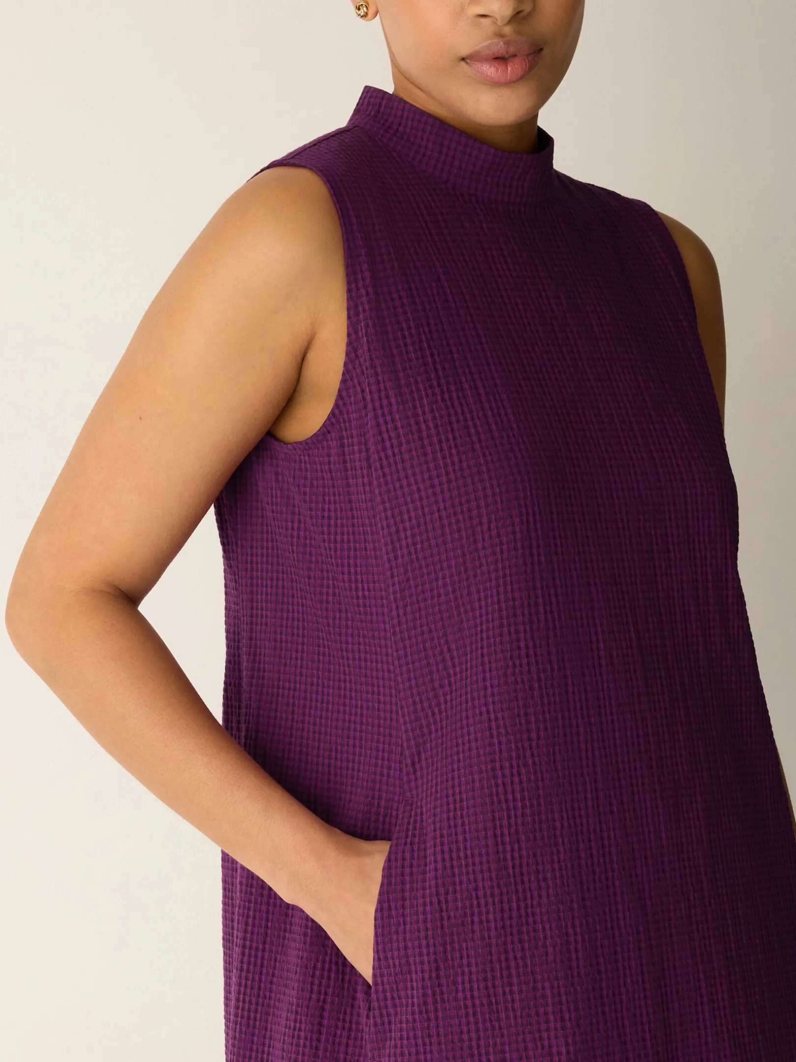 Organic Cotton Pucker Check Mock Neck Dress