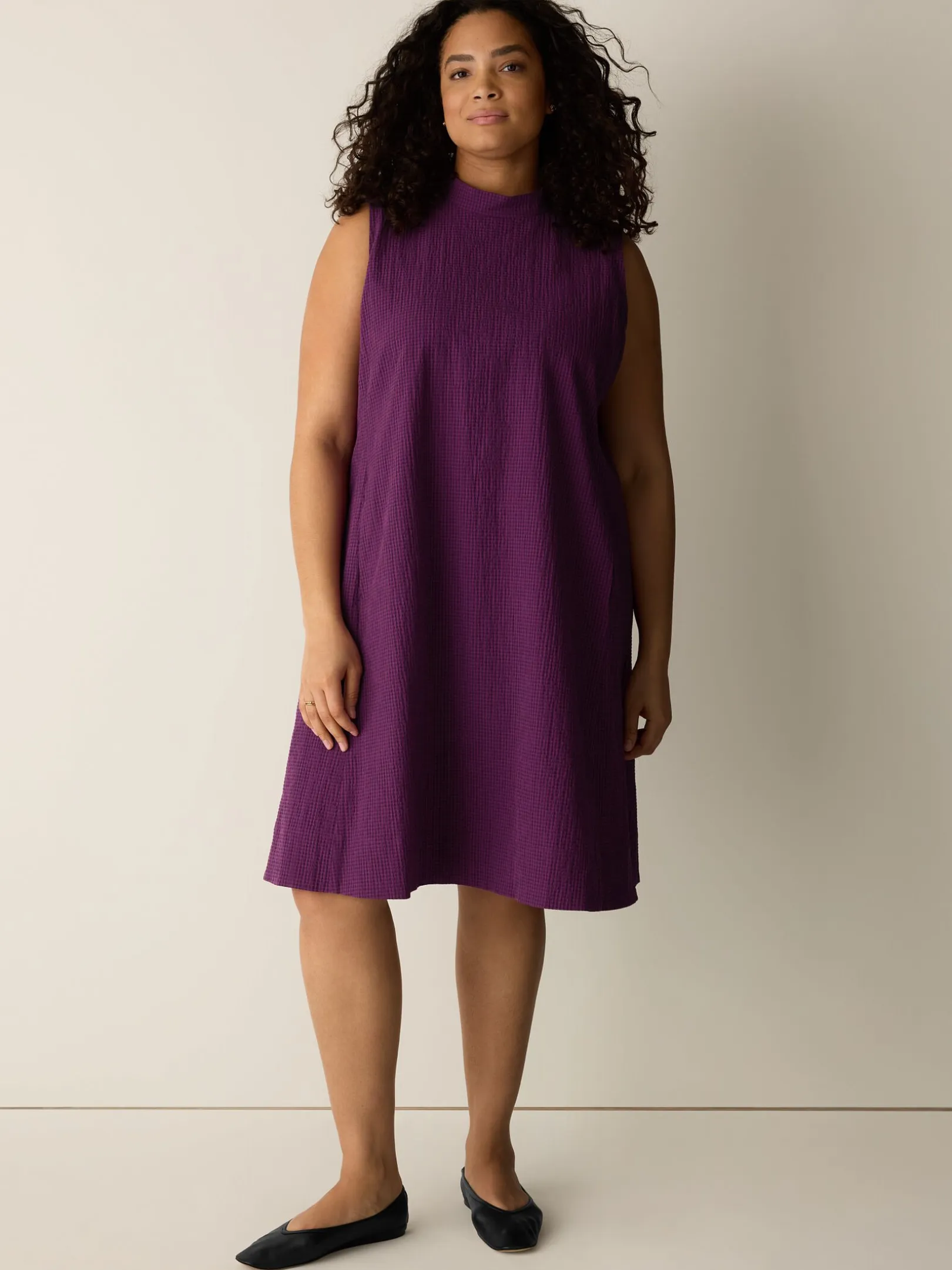 Organic Cotton Pucker Check Mock Neck Dress