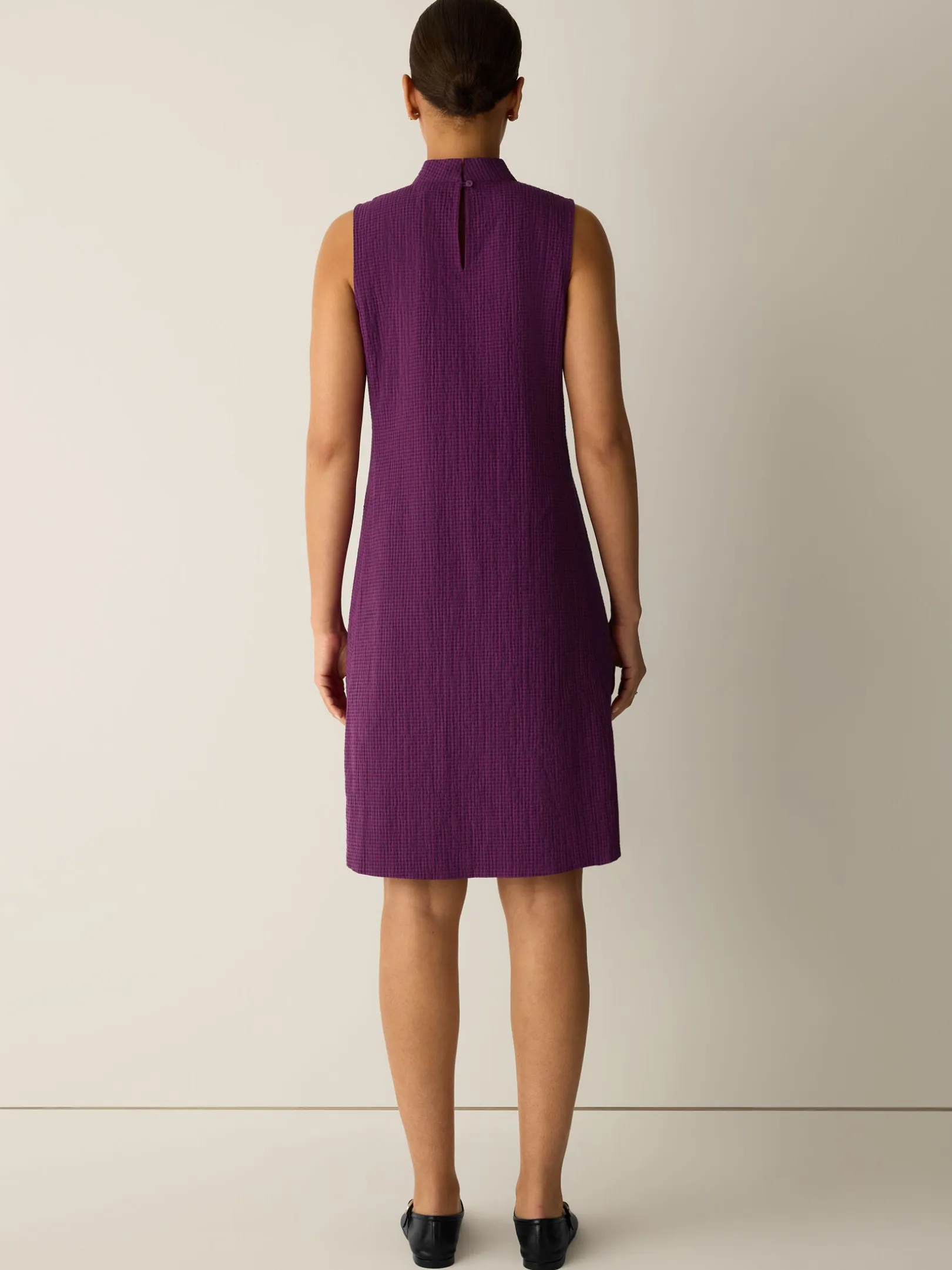 Organic Cotton Pucker Check Mock Neck Dress