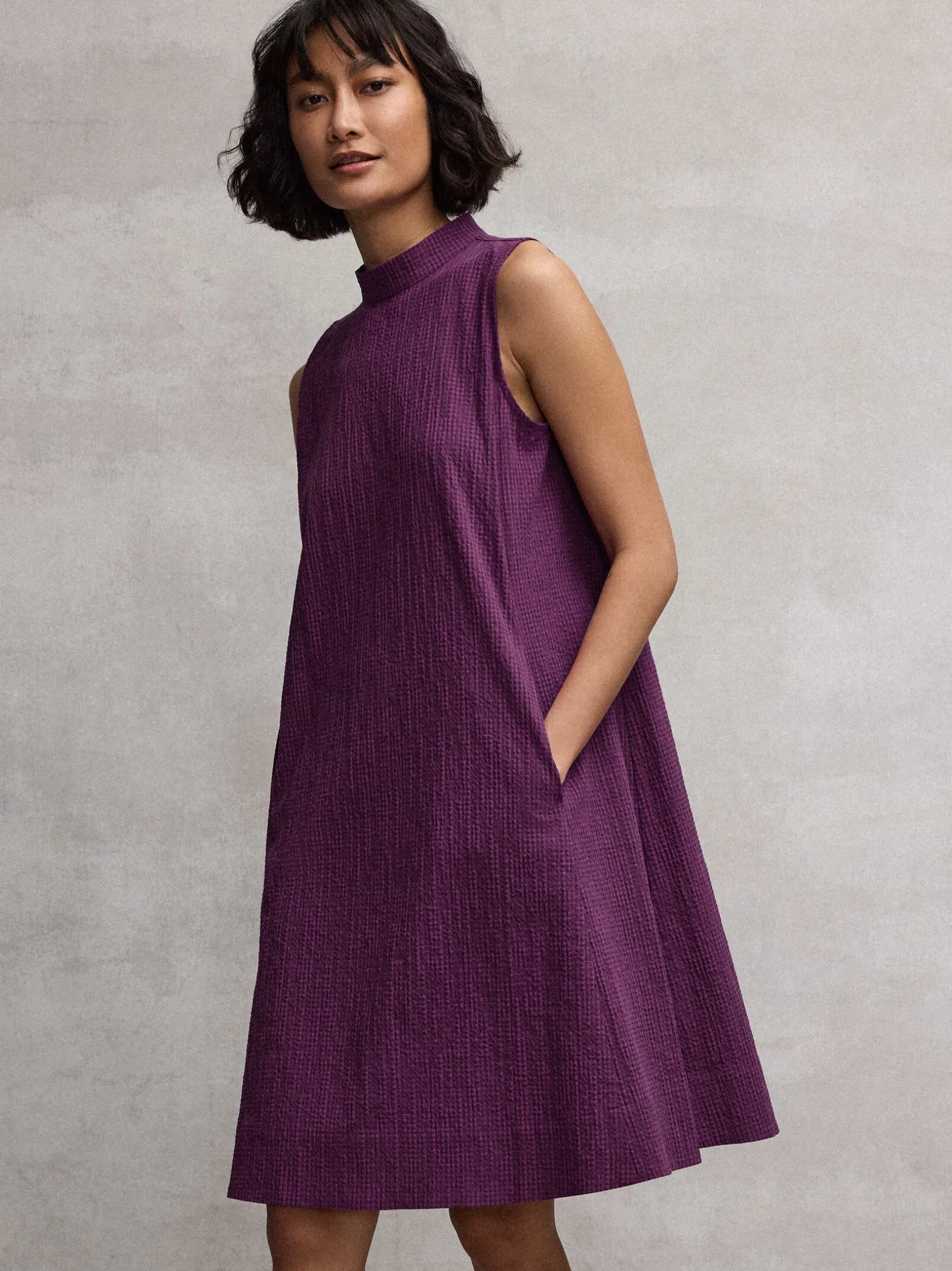 Organic Cotton Pucker Check Mock Neck Dress