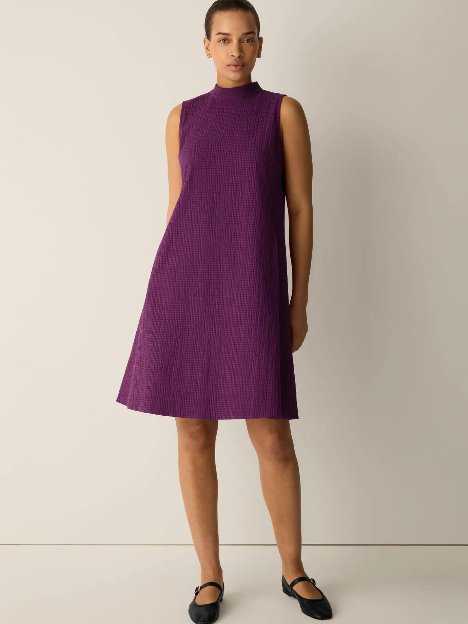 Organic Cotton Pucker Check Mock Neck Dress