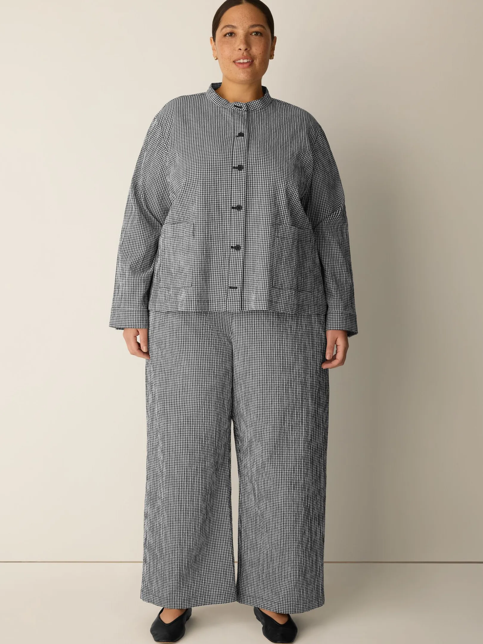 Organic Cotton Pucker Check Wide-Leg Pant