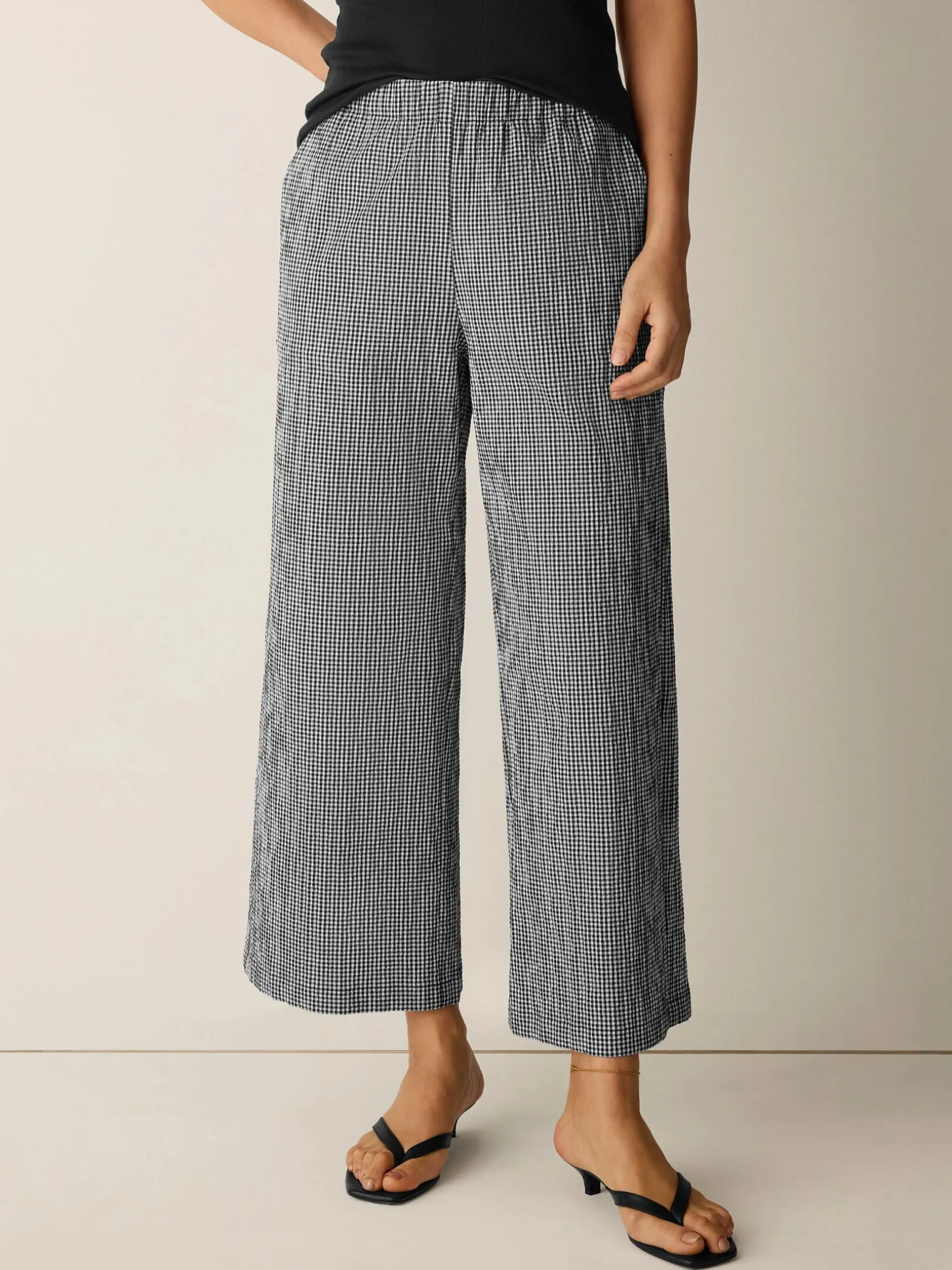 Organic Cotton Pucker Check Wide-Leg Pant