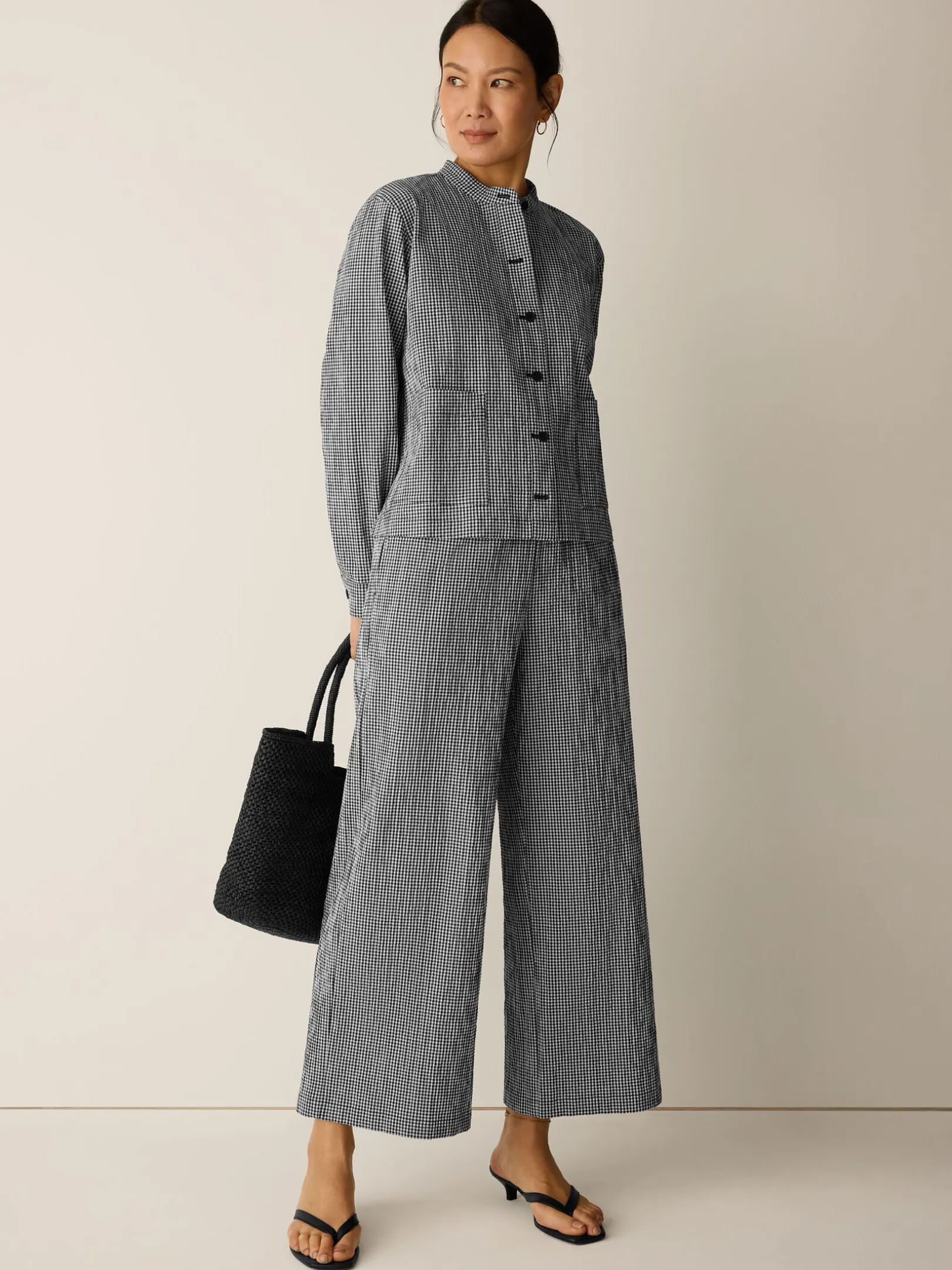 Organic Cotton Pucker Check Wide-Leg Pant