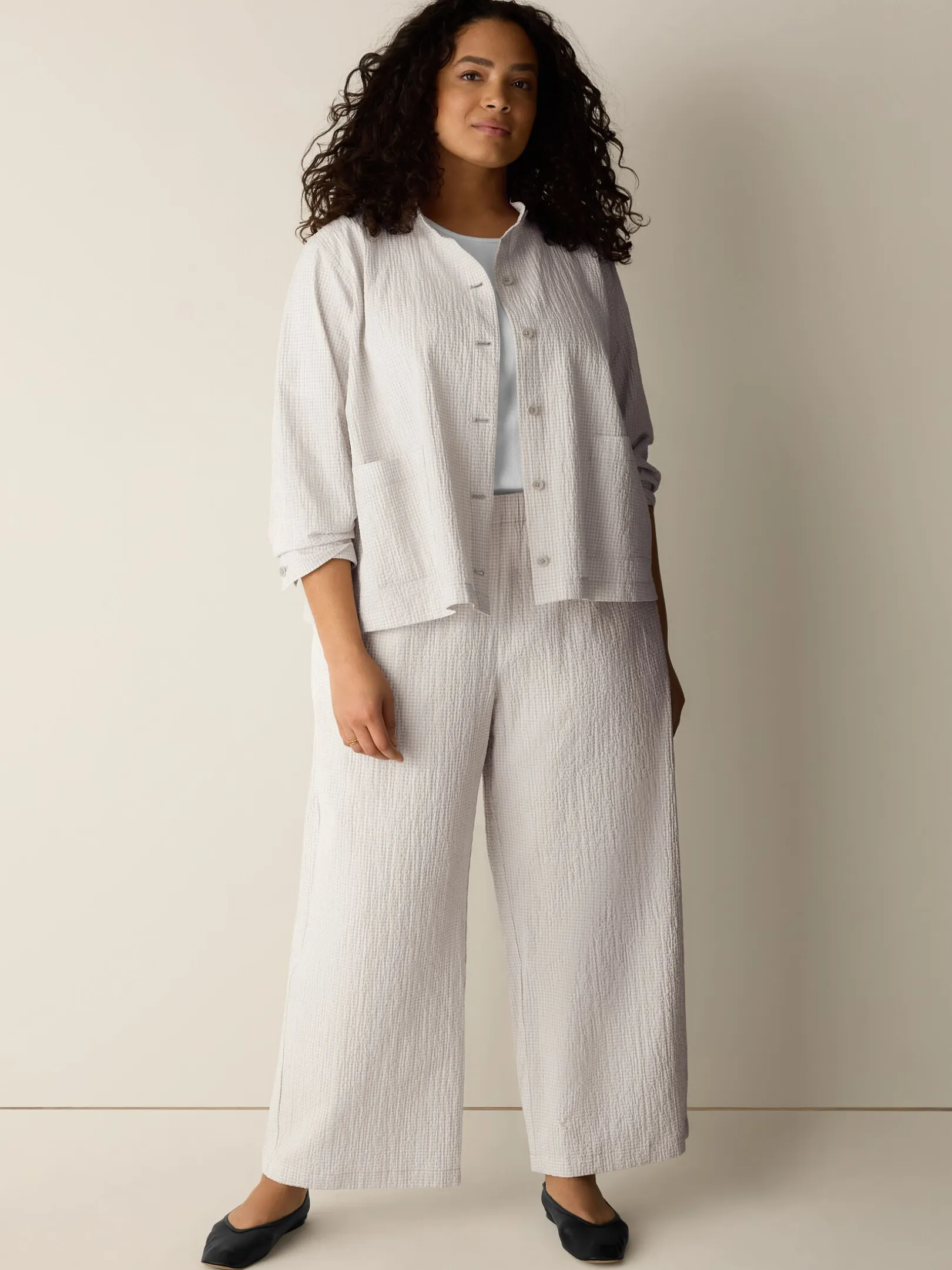 Organic Cotton Pucker Check Wide-Leg Pant