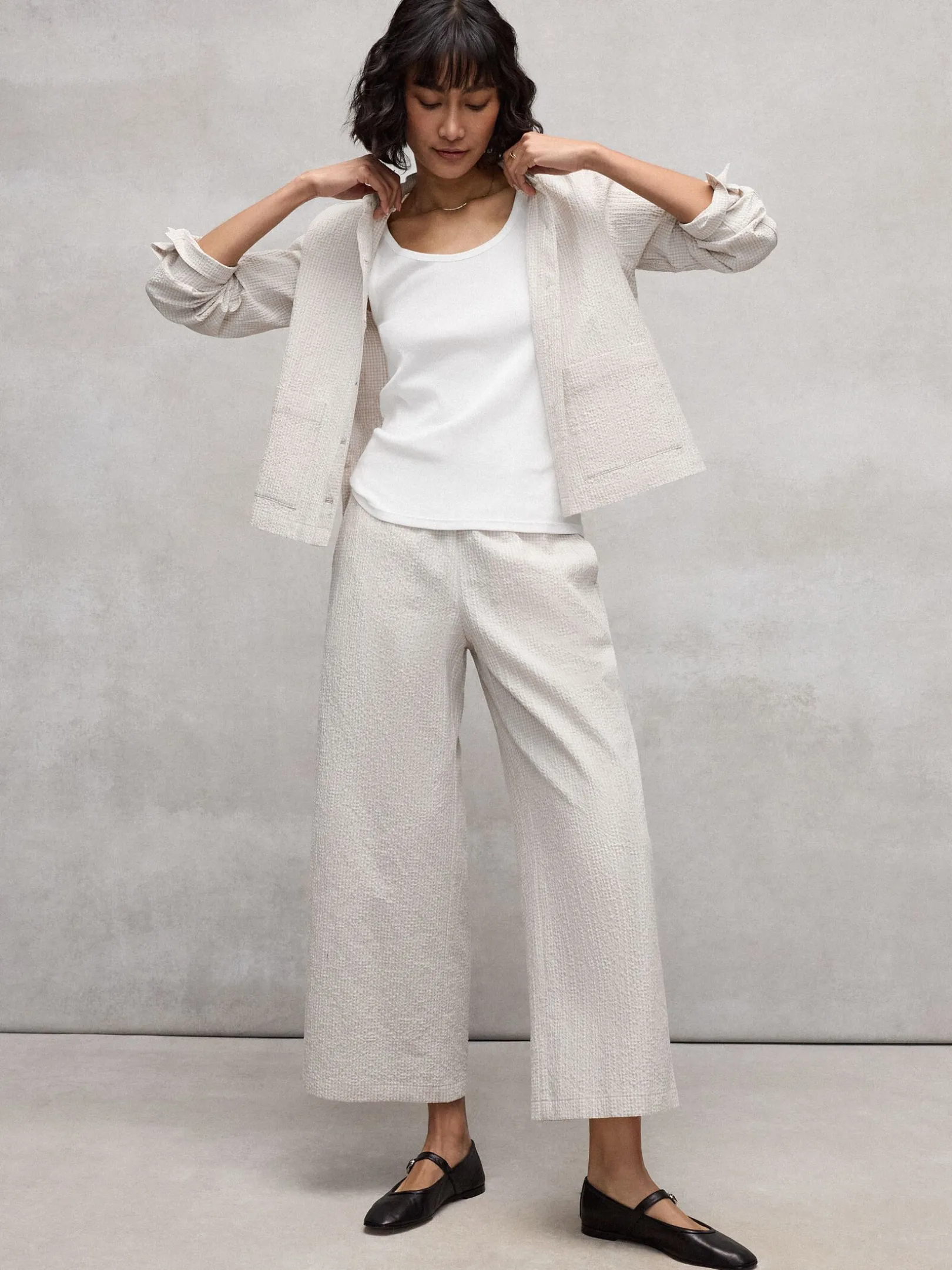 Organic Cotton Pucker Check Wide-Leg Pant