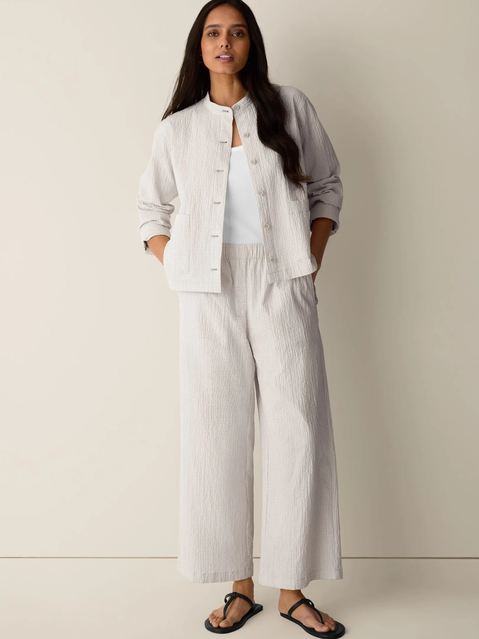 Organic Cotton Pucker Check Wide-Leg Pant