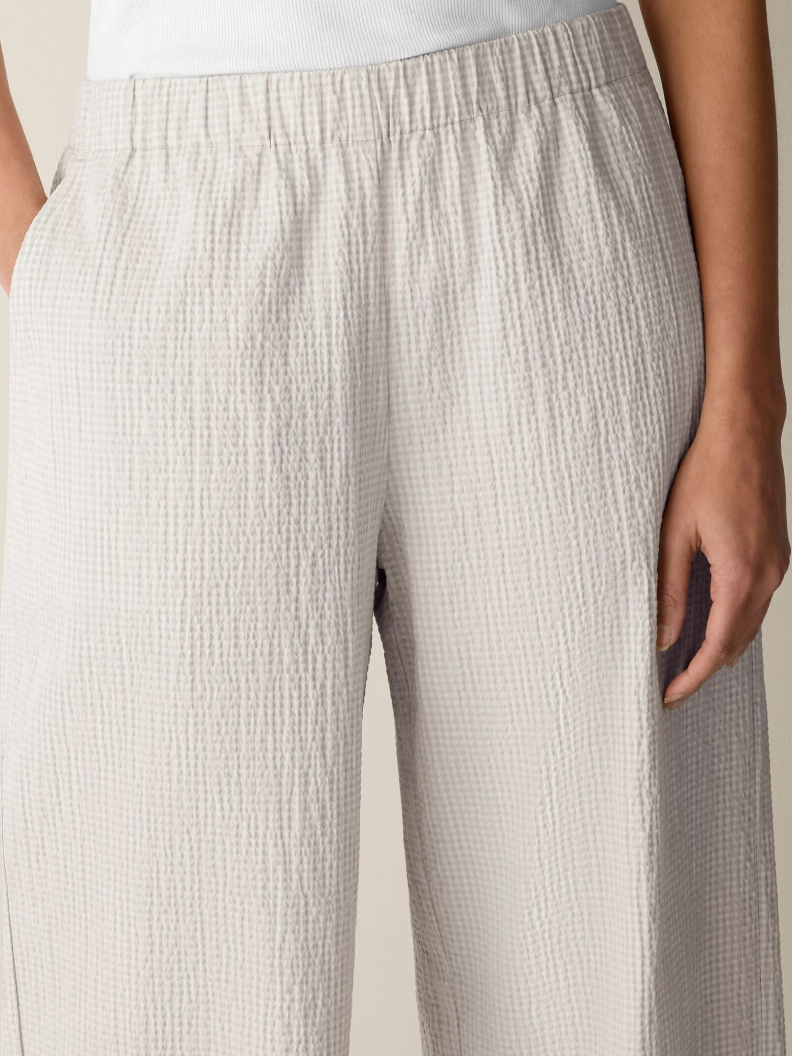 Organic Cotton Pucker Check Wide-Leg Pant