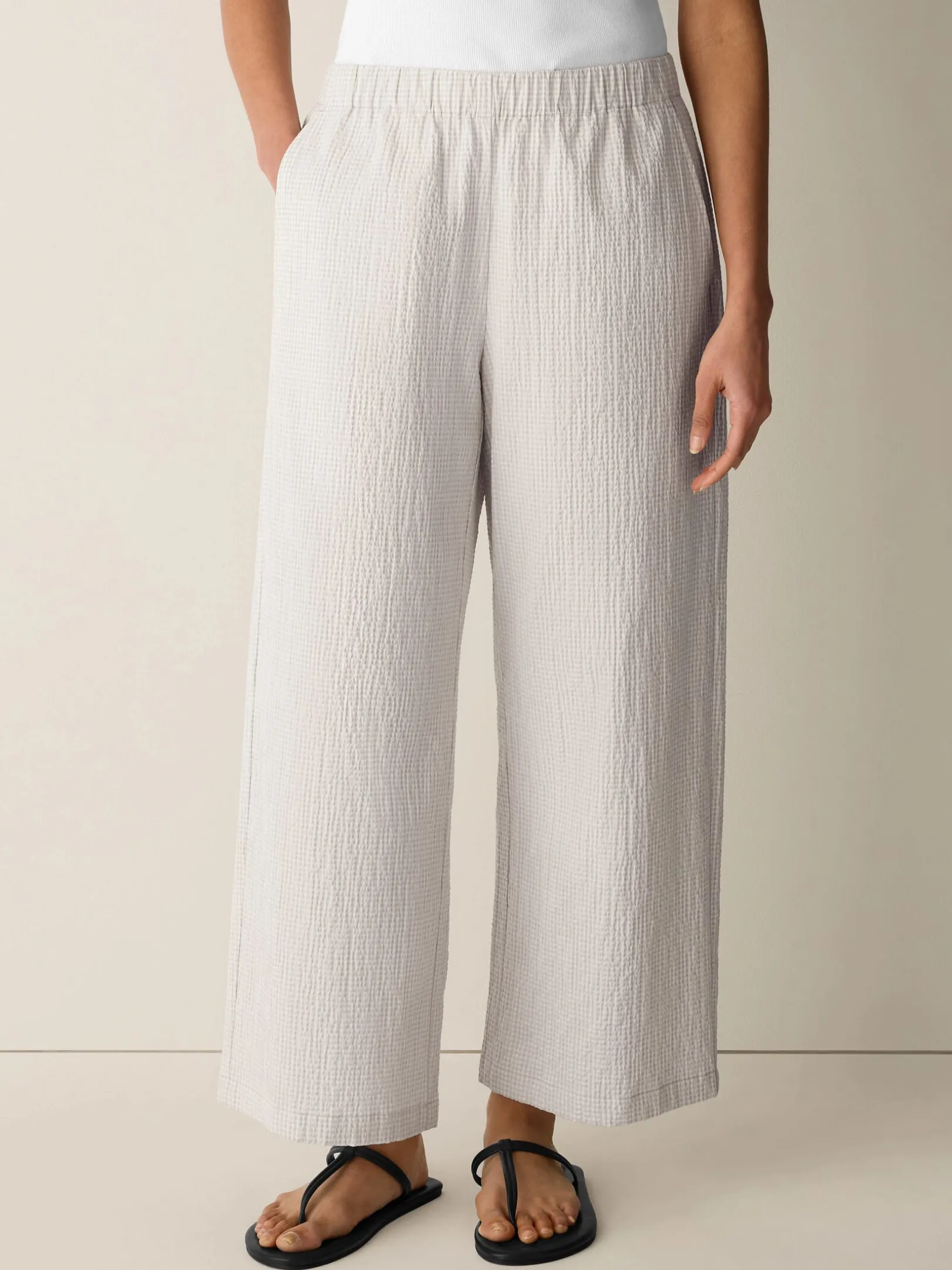 Organic Cotton Pucker Check Wide-Leg Pant