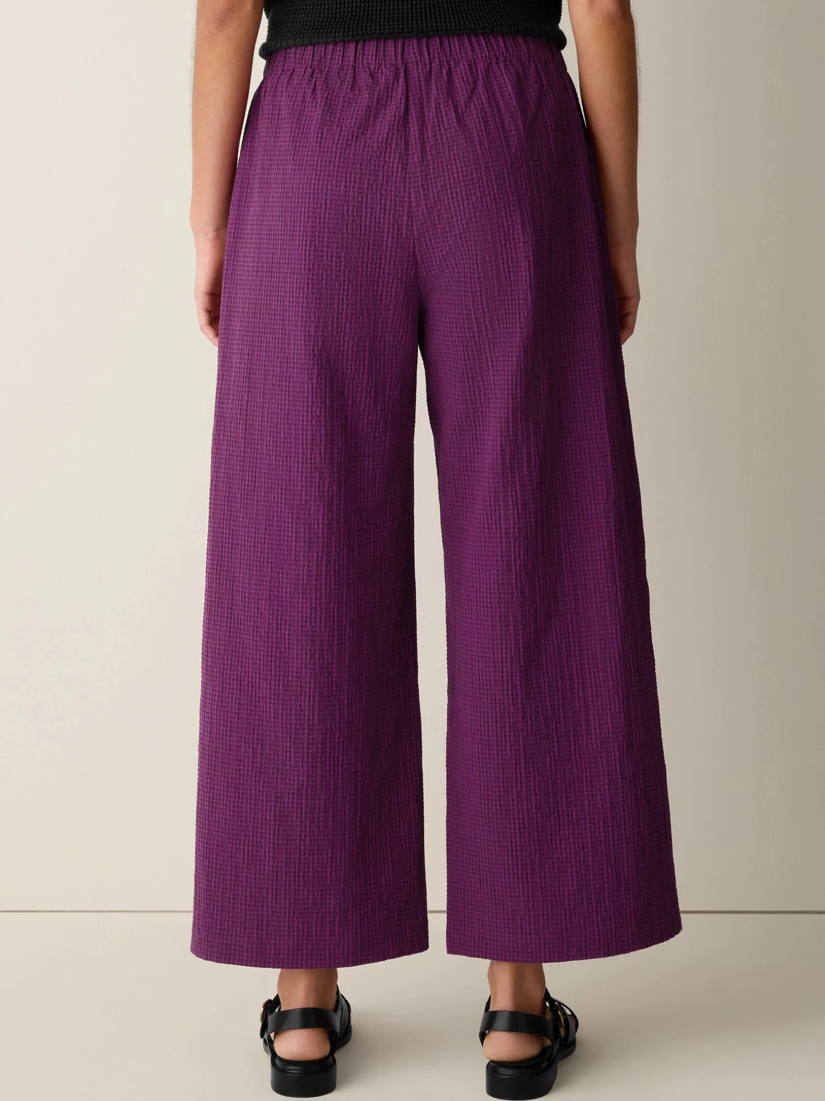Organic Cotton Pucker Check Wide-Leg Pant